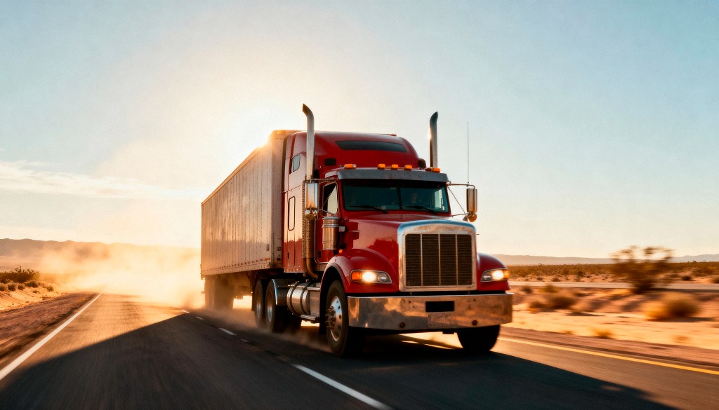 Red dry van semi-truck moving on a U.S. desert highway